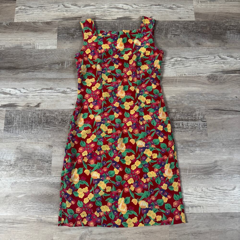 Vintage Handmade Floral Sheath Dress Red Square Neck Cottage 80s 90s Art Retro